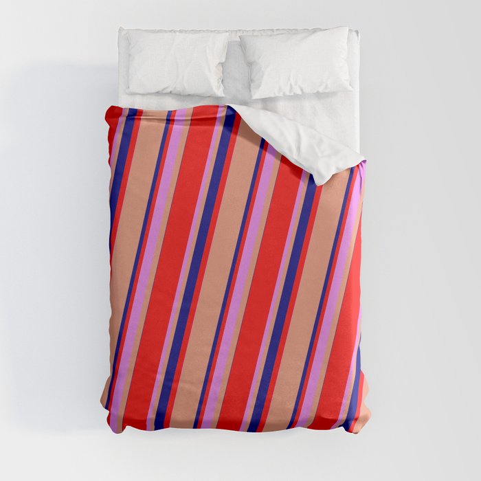 Dark Salmon, Blue, Red, and Violet Colored Lines Pattern Duvet Cover