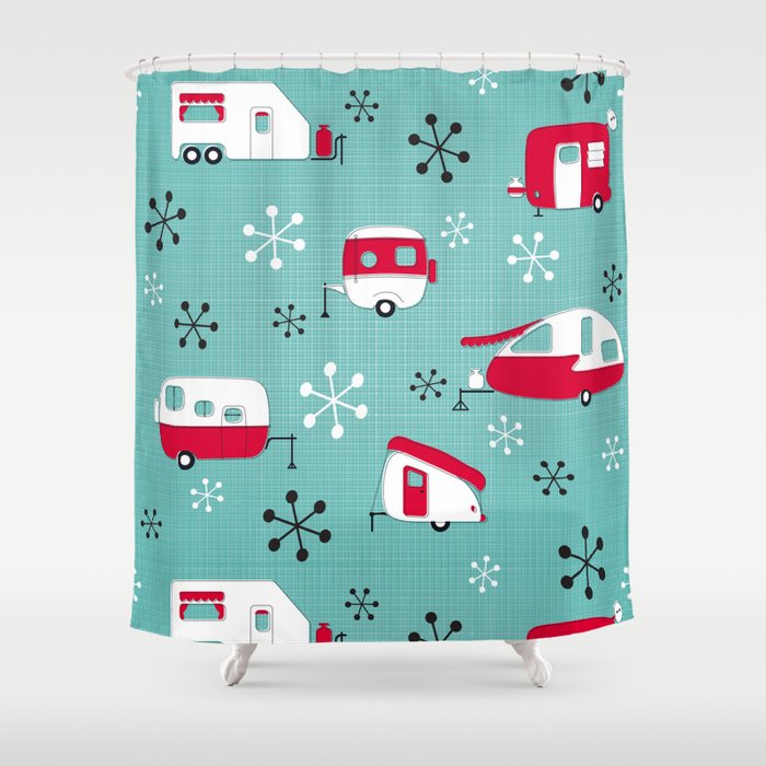 Red Campers On Aqua Shower Curtain By Juliesthingummies Society6