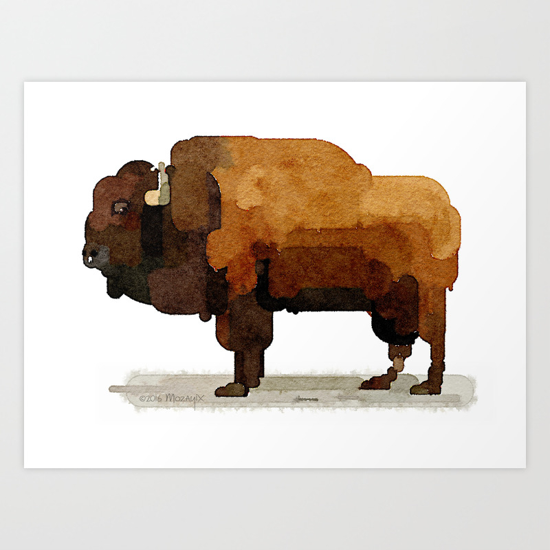 American Buffalo Bison Watercolor Painting Art Print By Mozayix