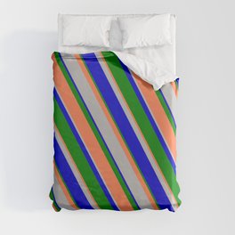 [ Thumbnail: Green, Coral, Grey, and Blue Colored Striped Pattern Duvet Cover ]