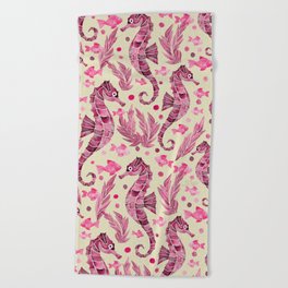 Watercolor Seahorse Pattern - Pink and Cream Beach Towel