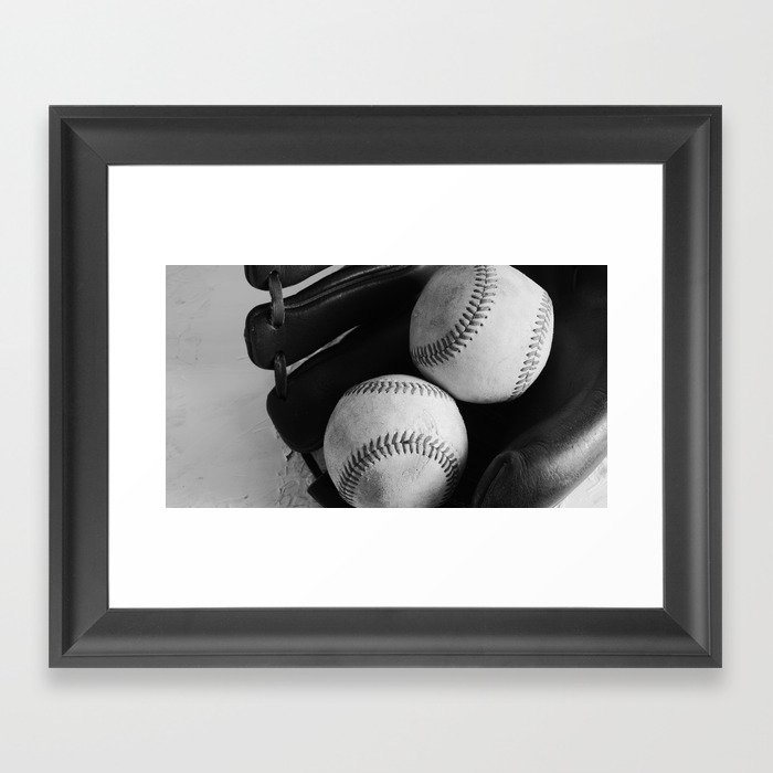 Old baseball equipment in black and white Framed Art Print