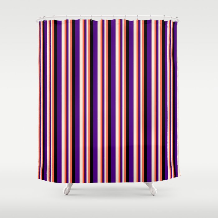 Red, Beige, Indigo, and Black Colored Stripes Pattern Shower Curtain