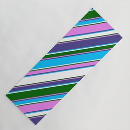 [ Thumbnail: Eyecatching Dark Slate Blue, Deep Sky Blue, White, Dark Green, and Violet Colored Pattern of Stripes Yoga Mat ]