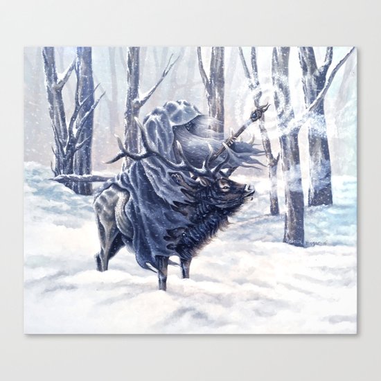Magical Wizard Riding an Elk in the Snow Canvas Print