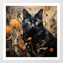Black Cat and Flowers inspired by Vincent van Gogh Art Print
