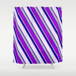 [ Thumbnail: Lavender, Dark Blue, Dark Violet, and Dark Grey Colored Lined Pattern Shower Curtain ]
