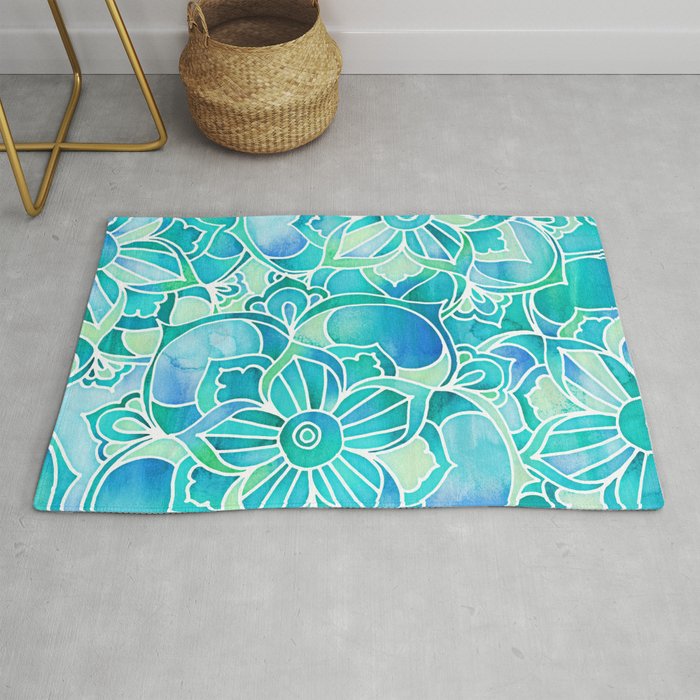 Aqua & Emerald - blue, turquoise & mint green floral design Rug by ...