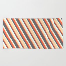 [ Thumbnail: Tan, Red, Dim Gray & Mint Cream Colored Stripes/Lines Pattern Beach Towel ]