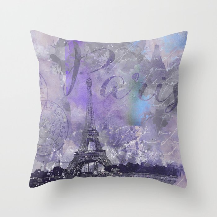 Purple Paris Watercolor Art Throw Pillow