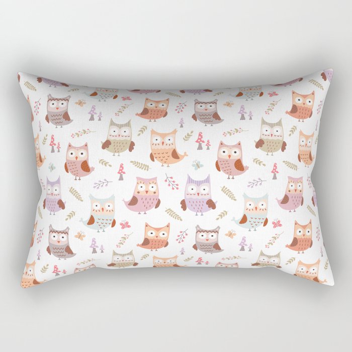 Cute pink lilac owls coral green floral illustration pattern Rectangular Pillow