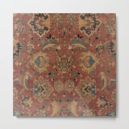 Flowery Boho Rug IV // 17th Century Distressed Colorful Red Navy Blue Burlap Tan Ornate Accent Patte Metal Print