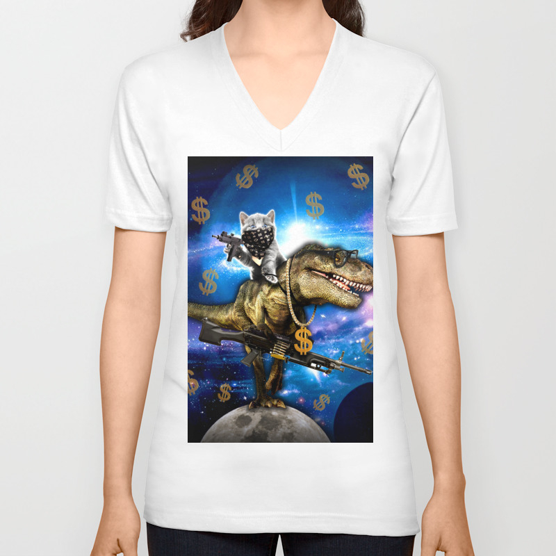 Cat Kitty Travel Through Galaxy On Dinosaur T Rex With Guns And
