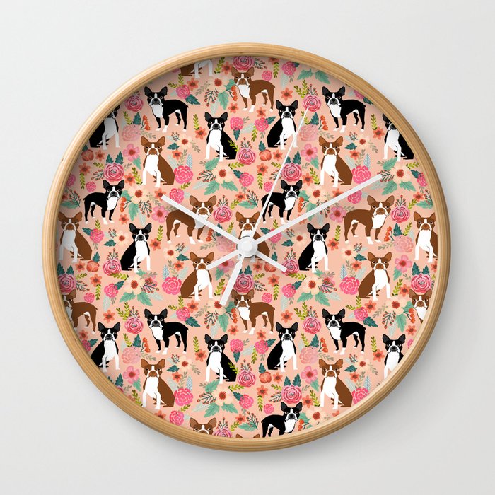 Boston Terrier cute floral pattern spring summer happy pet portrait dog person gift must haves dogs Wall Clock