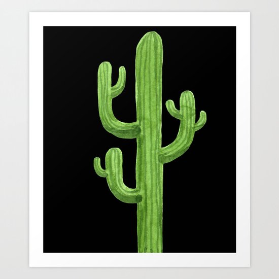 Green Cactus on Black Art Print