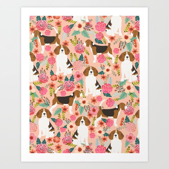 Beagle florals cute pet portrait pattern garden spring summer dog lover pet gift dog art fur baby Art Print