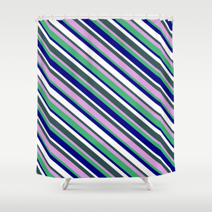 Vibrant Dark Slate Gray, Plum, Sea Green, Blue & White Colored Stripes Pattern Shower Curtain