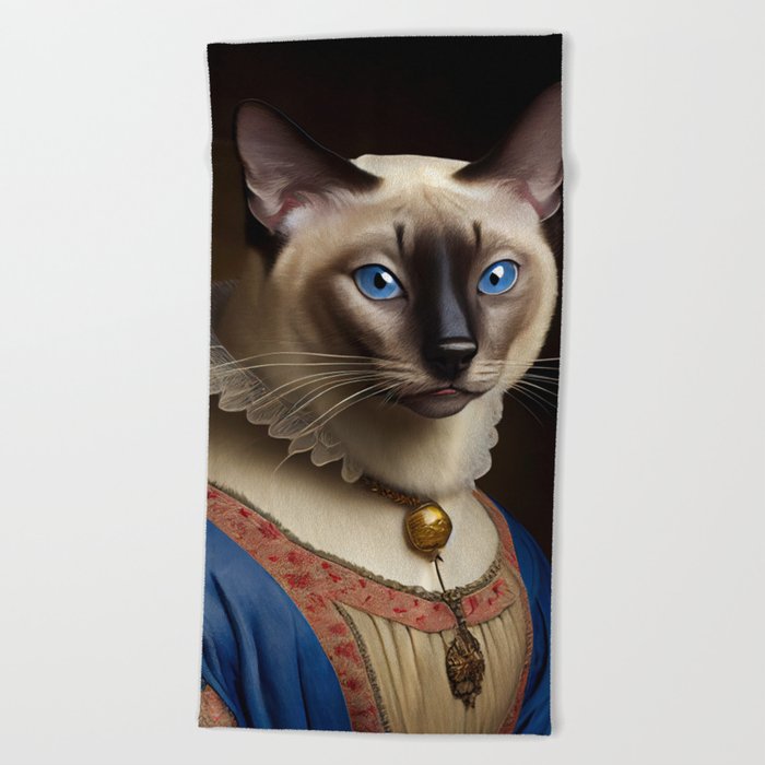 Siamese Cat Breed Portrait Royal Renaissance Animal Painting Beach Towel