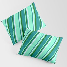 [ Thumbnail: Dark Green, Dark Cyan, Light Cyan, and Aquamarine Colored Lined Pattern Pillow Sham ]