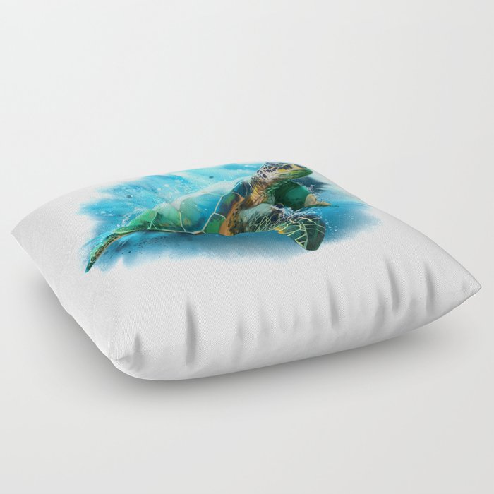 Blue Abstract Watercolor Sea Turtle on White 3 Minimalist Coastal Art - Coast - Sea - Beach - Shore Floor Pillow