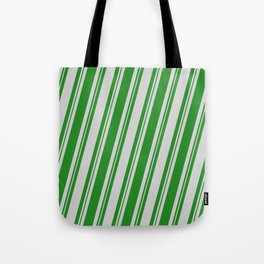 [ Thumbnail: Forest Green and Light Gray Colored Stripes Pattern Tote Bag ]