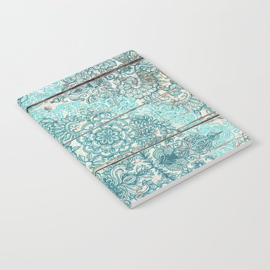 Teal & Aqua Botanical Doodle on Weathered Wood Notebook