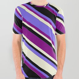 [ Thumbnail: Medium Slate Blue, Purple, Beige & Black Colored Lined Pattern All Over Graphic Tee ]