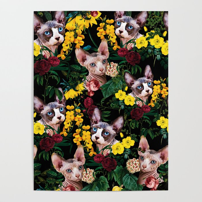 Floral and Sfenks Cat Pattern Poster