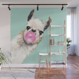 Bubble Gum Sneaky Llama in Green Wall Mural