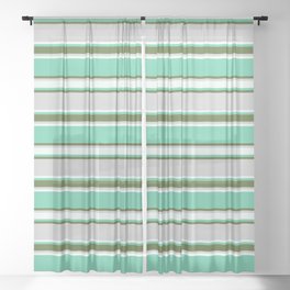 [ Thumbnail: Aquamarine, Dark Olive Green, Light Grey, and Mint Cream Colored Pattern of Stripes Sheer Curtain ]