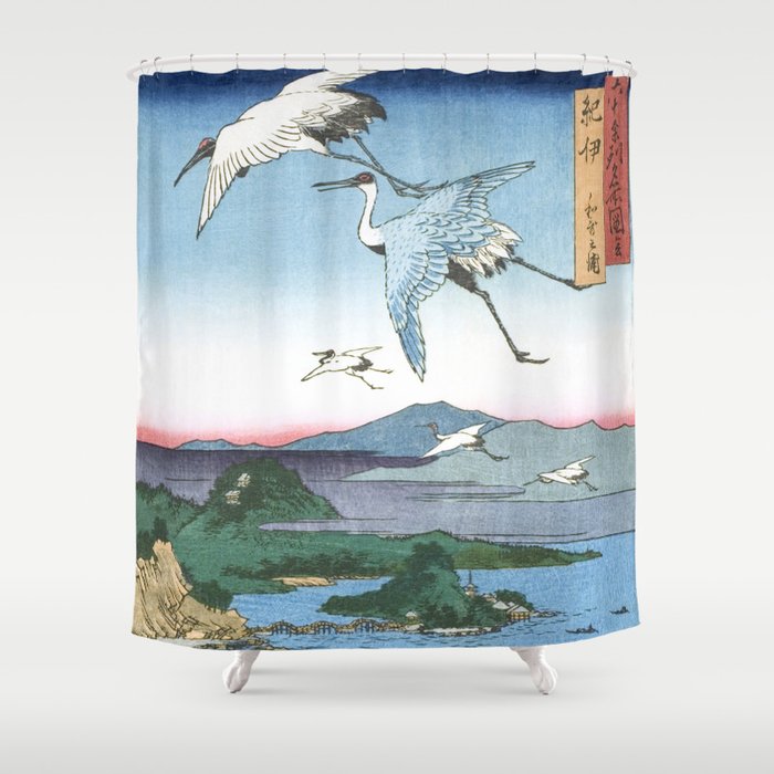 Utagawa Hiroshige - Cranes Over Kii Province, Wakanoura Bay - Vintage Japanese Woodblock Print Art 1850 Shower Curtain