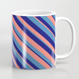 [ Thumbnail: Blue, Midnight Blue, and Salmon Colored Stripes Pattern Coffee Mug ]