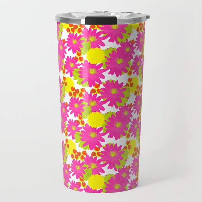 Retro Modern Tropical Flowers in Hot Pink And Yellow Travel Mug