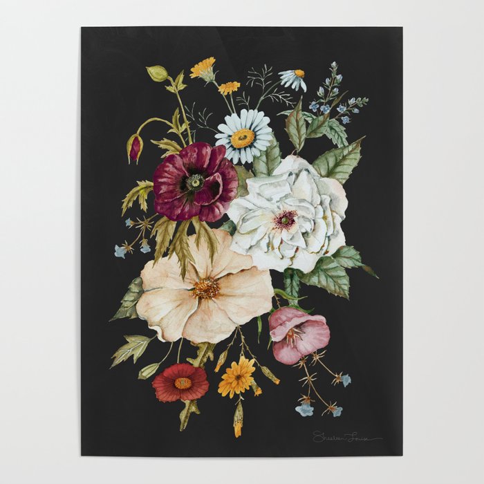 Colorful Wildflower Bouquet on Charcoal Black Poster | Painting, Watercolor, Botany, Botanical, Florals, Flowers, Flower, Wildflower, Wild, Pretty