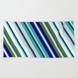 [ Thumbnail: Blue, Light Sea Green, Light Gray, Light Cyan & Dark Olive Green Colored Pattern of Stripes Beach Towel ]