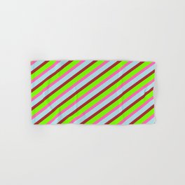 [ Thumbnail: Green, Hot Pink, Powder Blue, and Brown Colored Lined/Striped Pattern Hand & Bath Towel ]