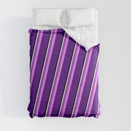[ Thumbnail: Eyecatching Dark Orchid, Violet, Indigo, Black & White Colored Stripes/Lines Pattern Comforter ]