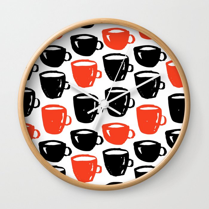 Quirky Cool Coffee Cups Pattern Wall Clock By Ankas Creations Society6 - Red Coffee Cup Wall Clock