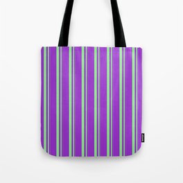 [ Thumbnail: Light Green & Dark Orchid Colored Stripes/Lines Pattern Tote Bag ]