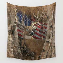 Deer - Birchwood Buck America Wall Tapestry | Deer, Aniimal, Pastel, Cabin, Wilderness, Painting, Forest, Wildlife, Buck, Rustic 