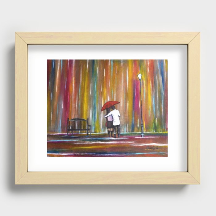 Love in a twilight colorful rain; couple with red umbrella romantic portrait painting by Manjiri Recessed Framed Print