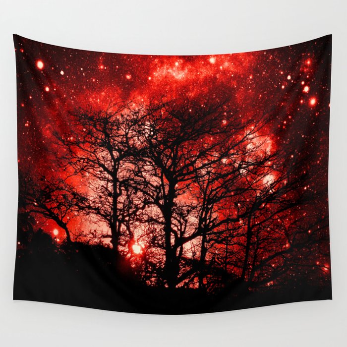 black trees red space Wall Tapestry