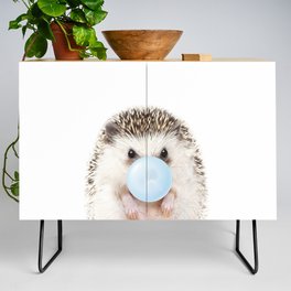Baby Hedgehog Blowing Blue Bubble Gum, Baby Boy, Baby Animals Art Print by Synplus Credenza