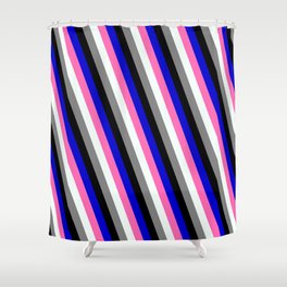 [ Thumbnail: Eye-catching Blue, Hot Pink, Mint Cream, Gray & Black Colored Lined Pattern Shower Curtain ]