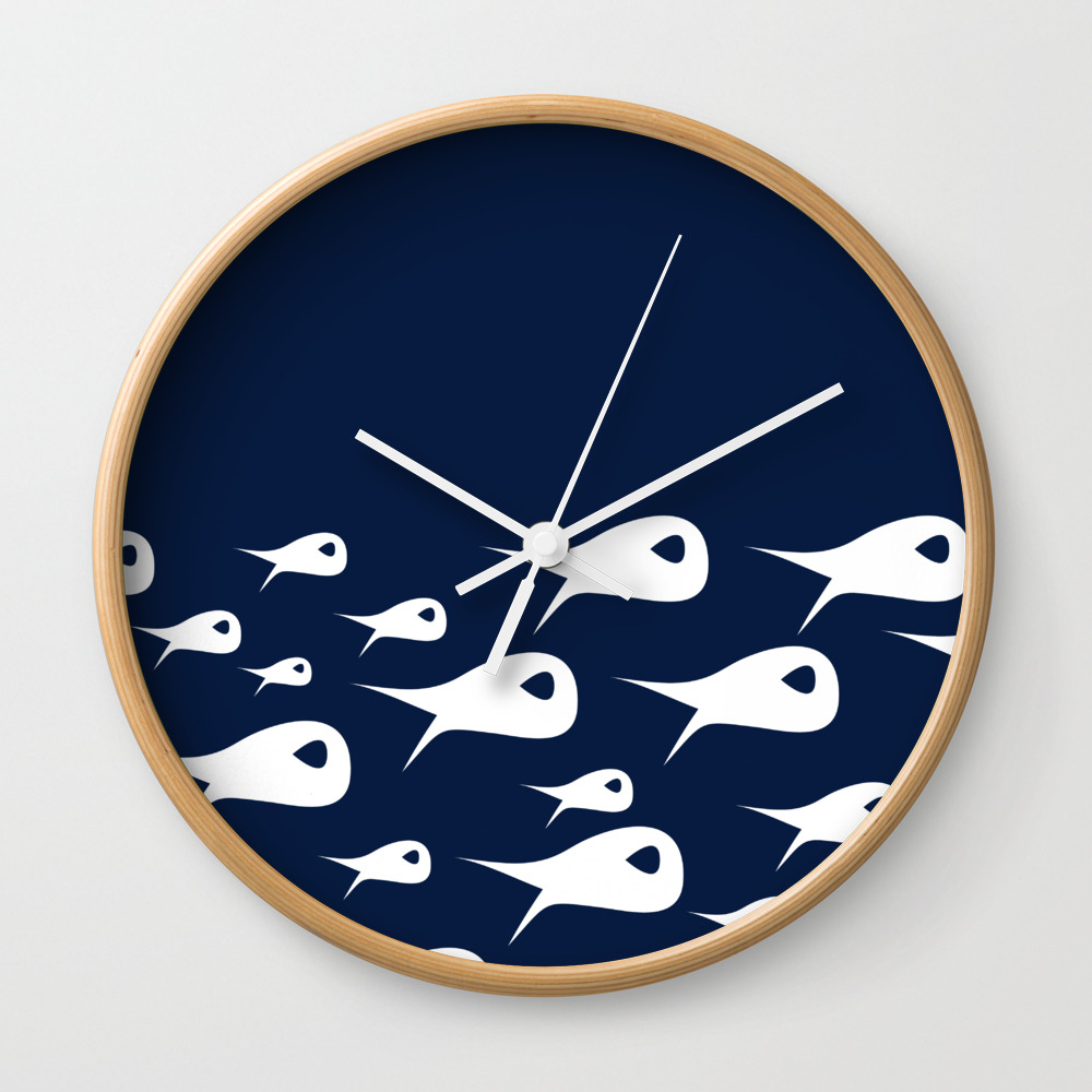 Fish Stripe In White And Navy Blue Wall Clock By Kierkegaart