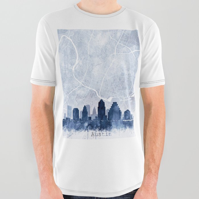 Austin Skyline & Map Watercolor Navy Blue Print by Zouzounio Art All Over Graphic Tee