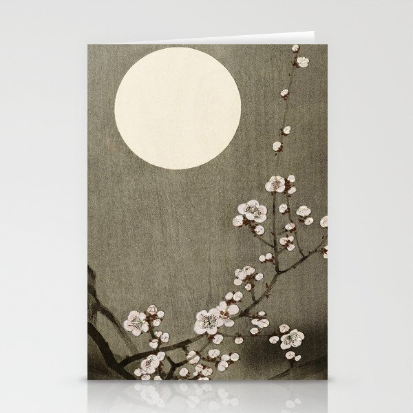 Blossoming plum tree at full moon  - Vintage Japanese Woodblock Print Art Stationery Cards