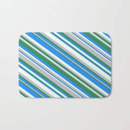 [ Thumbnail: Blue, Mint Cream, Grey, and Sea Green Colored Pattern of Stripes Bath Mat ]