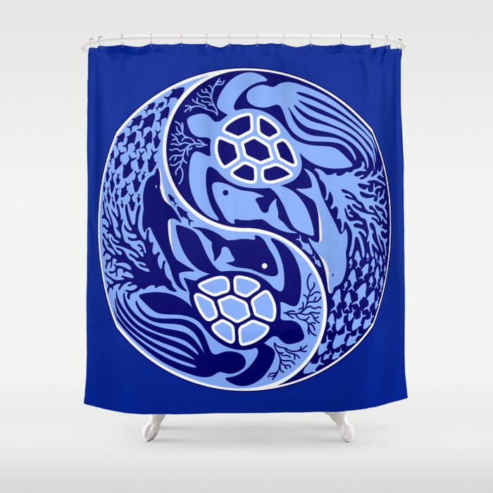 Yin Yang Marine Life Sign Classic Blue Monochrome Shower Curtain