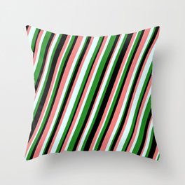 [ Thumbnail: Forest Green, Black, Light Coral & Light Cyan Colored Stripes/Lines Pattern Throw Pillow ]